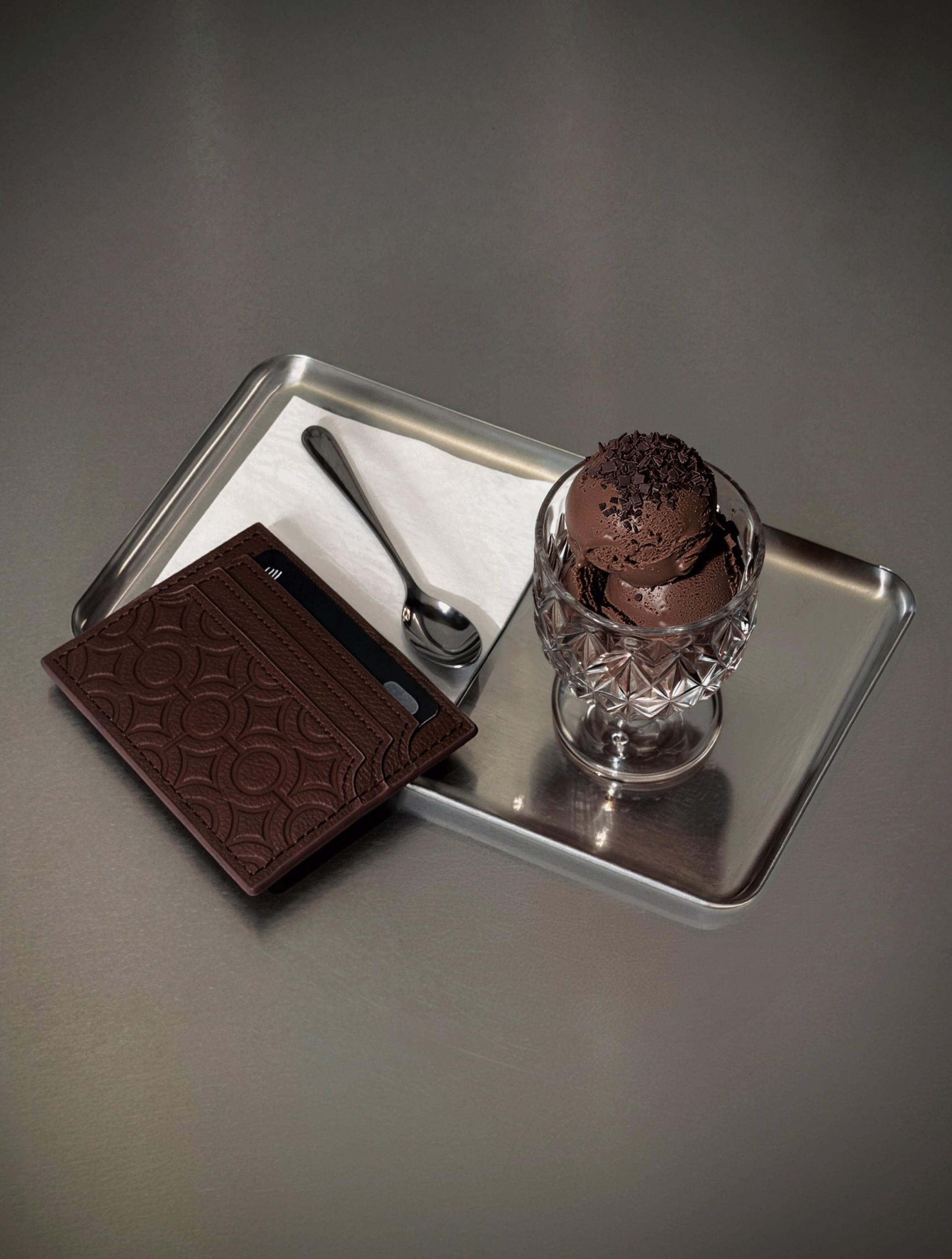 brown textured leather cardholder wallet, embossed geometric pattern