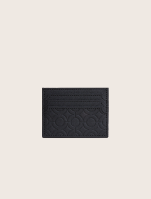 black textured leather cardholder wallet, embossed geometric pattern