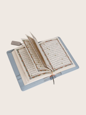 Blue textured leather notebook sleeve and Cover, Quran Sleeve and Cover, embossed geometric pattern and a silver metal logo tag with chain