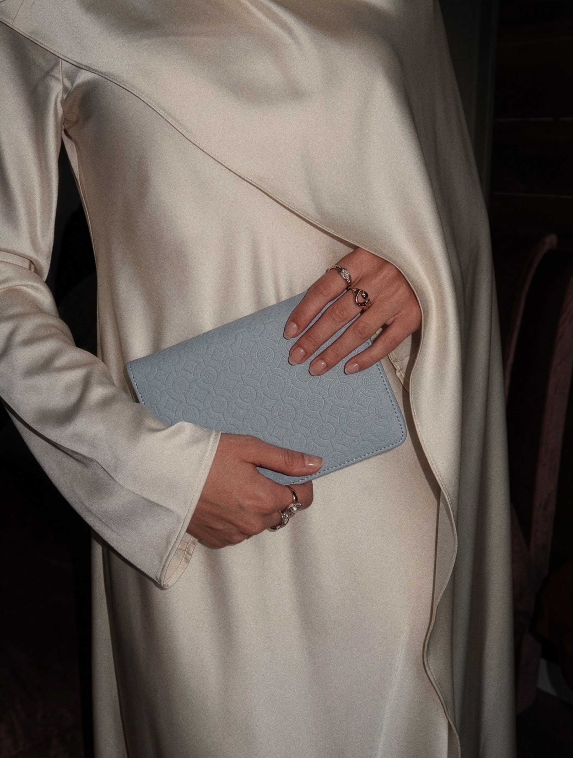 Blue textured leather notebook sleeve and Cover, Quran Sleeve and Cover, embossed geometric pattern and a silver metal logo tag with chain