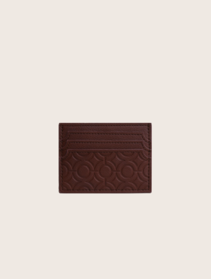 brown textured leather cardholder wallet, embossed geometric pattern