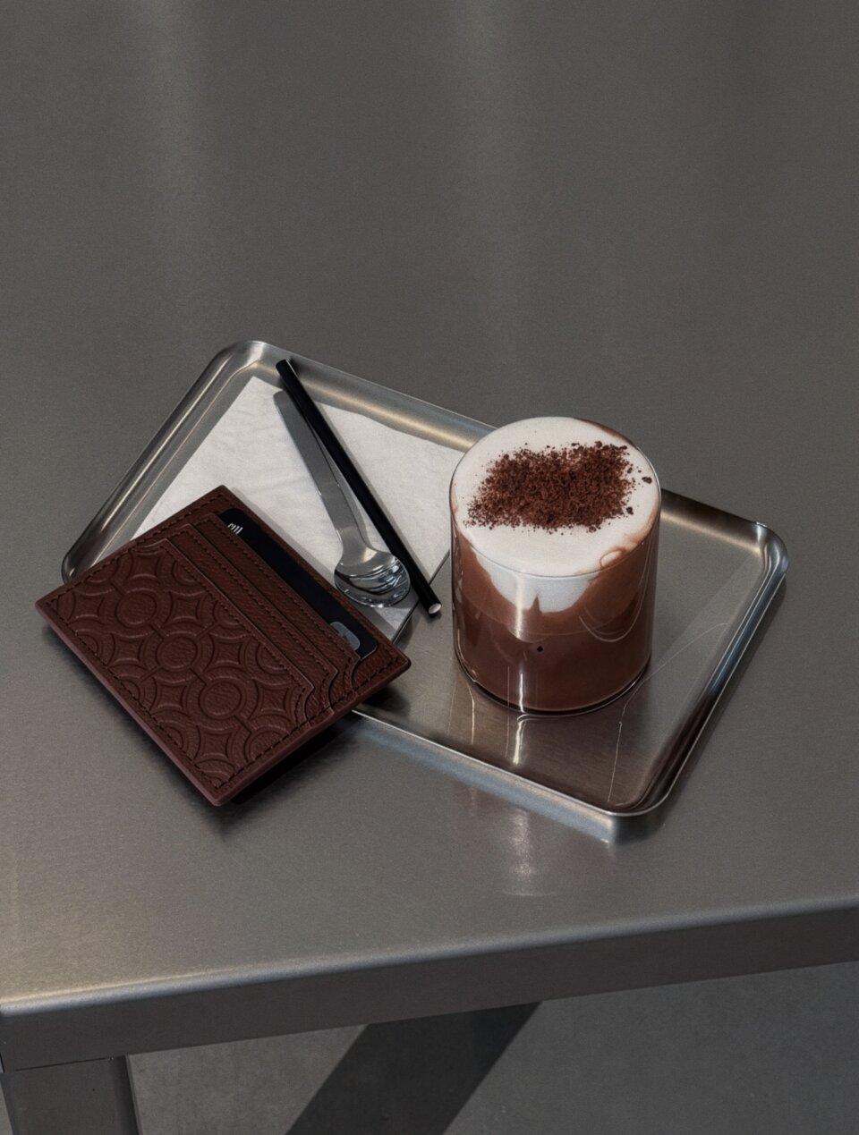 brown textured leather cardholder wallet, embossed geometric pattern