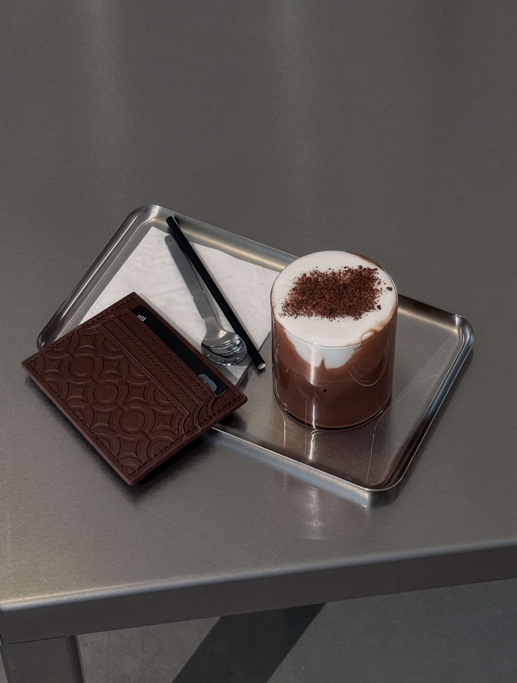 brown textured leather cardholder wallet, embossed geometric pattern