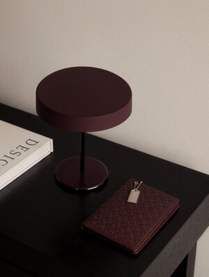 Burgundy textured leather notebook sleeve and Cover, Quran Sleeve and Cover, embossed geometric pattern and a silver metal logo tag with chain