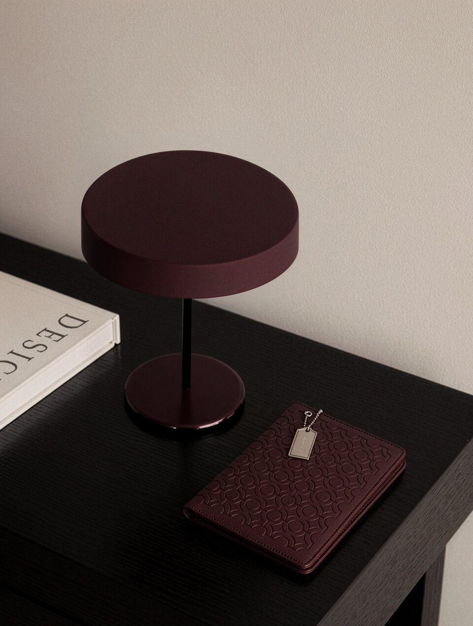 Burgundy textured leather notebook sleeve and Cover, Quran Sleeve and Cover, embossed geometric pattern and a silver metal logo tag with chain