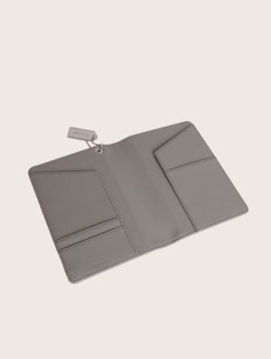 Grey textured leather notebook sleeve and Cover, Quran Sleeve and Cover, embossed geometric pattern and a silver metal logo tag with chain