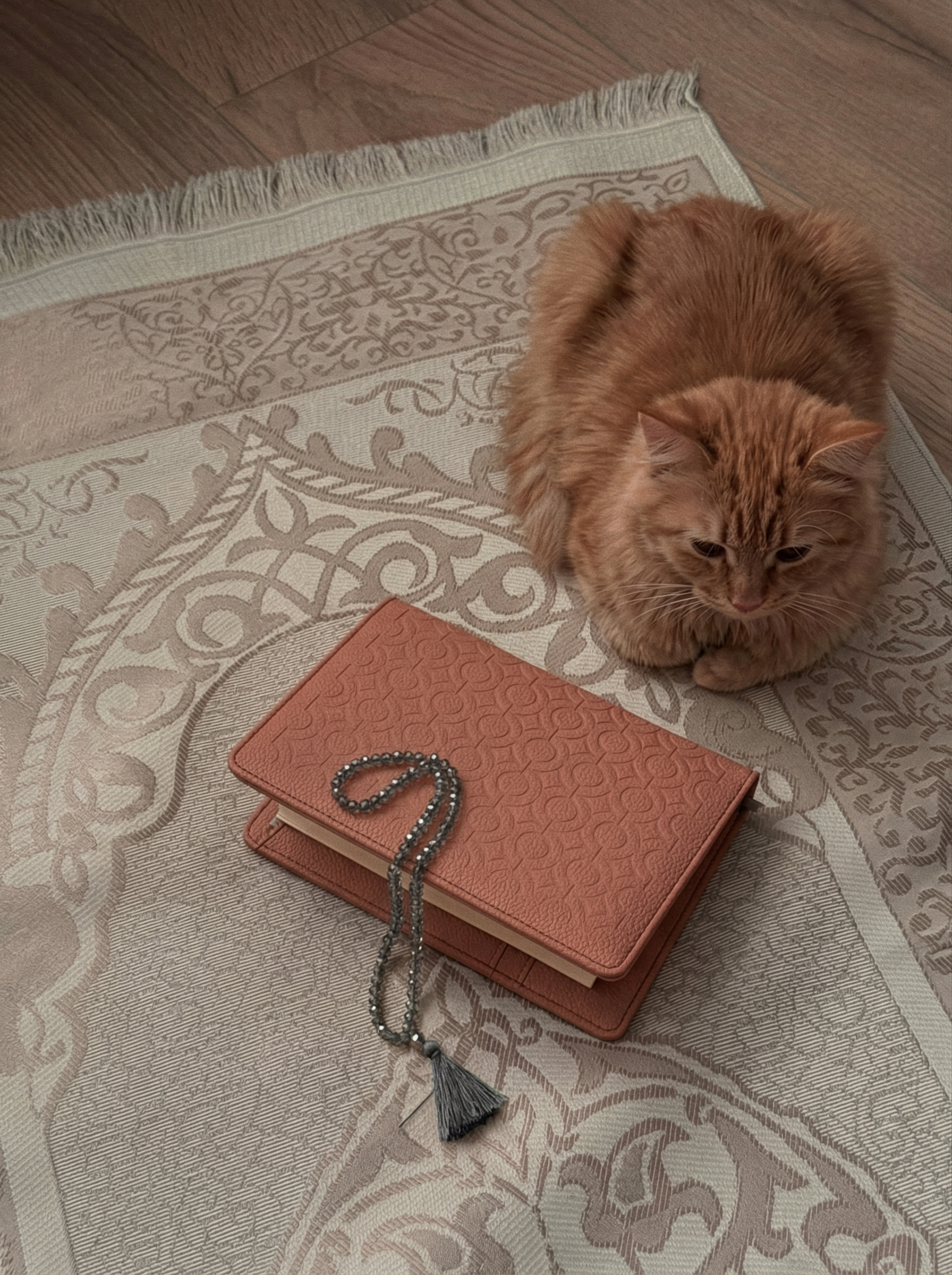 Clay brown textured leather notebook sleeve and Cover, Quran Sleeve and Cover, embossed geometric pattern and a silver metal logo tag with chain