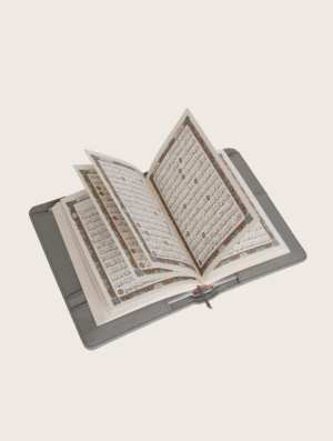 Grey textured leather notebook sleeve and Cover, Quran Sleeve and Cover, embossed geometric pattern and a silver metal logo tag with chain